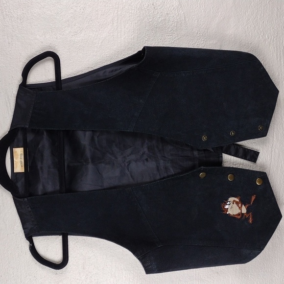 Looney Tunes Vintage 90's Tasmanian Devil Black Suede Leather Snap Front Vest - Picture 4 of 11
